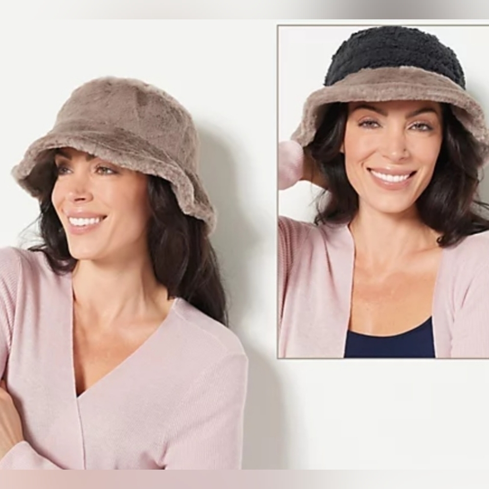 Sprigs Reversible Faux Fur and Sherpa Bucket Hat Adjustable Taupe Black NEW NWT